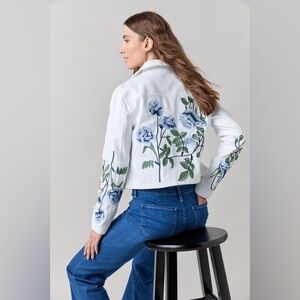 Francesca's White Jean Jacket with Blue Floral Embroidery